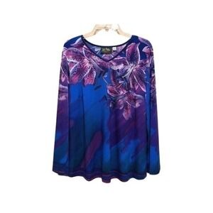 Bob Mackie Wearable Art Floral Long Sleeve Blouse Blue Purple Jersey Knit Lg